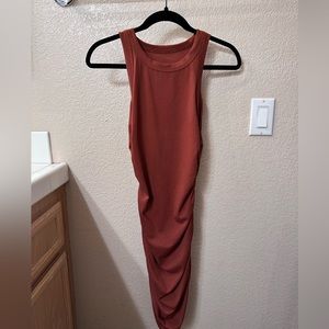 Burnt orange ruched midi dress